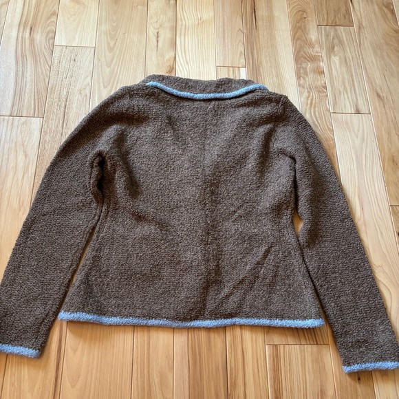 Y2K Anthropologie Sleeping On Snow Brown Boucle Blue Trim Cardigan Sweater - Picture 7 of 11